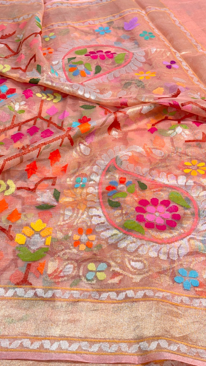 Rose Pink Pure Banarasi Tissue Handwoven Saree with Real Zari