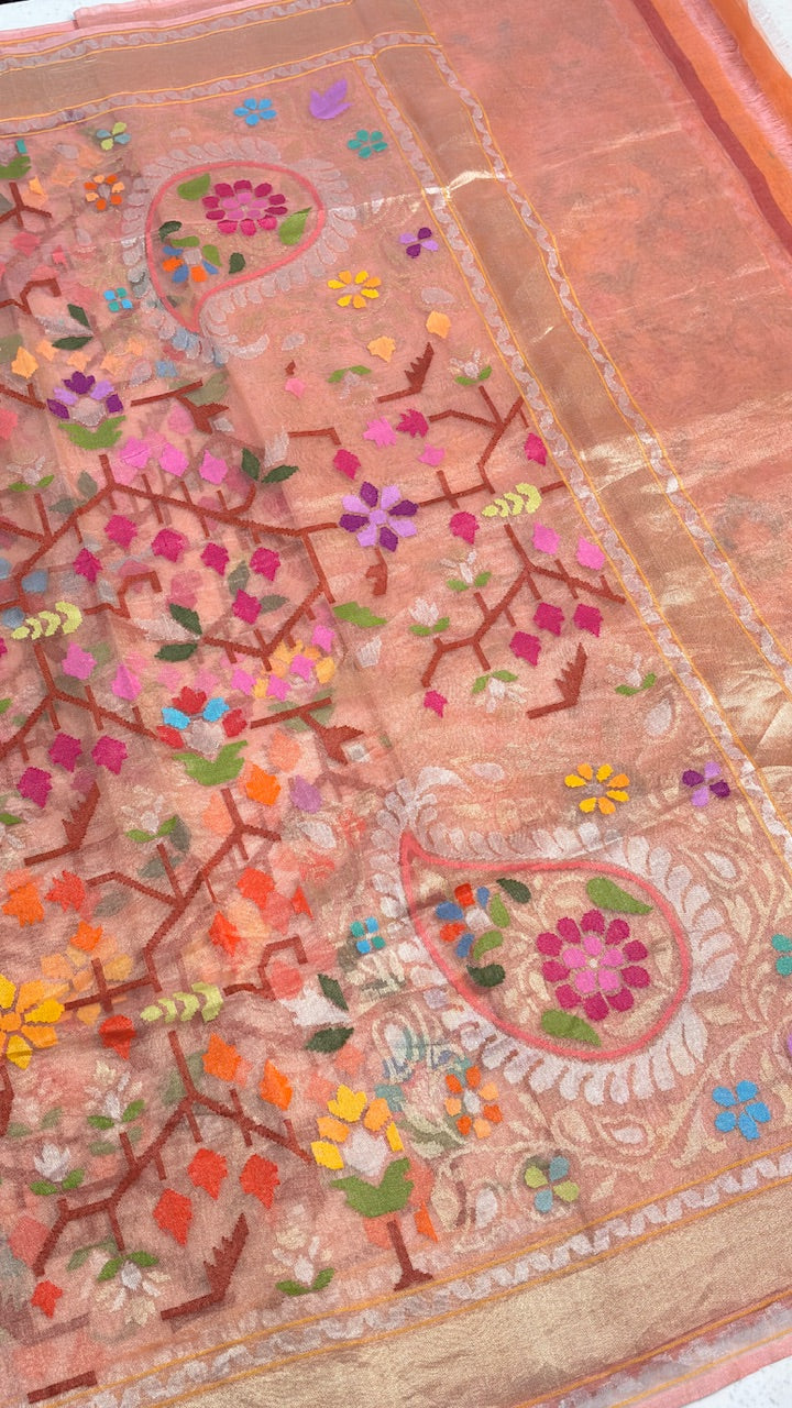 Rose Pink Pure Banarasi Tissue Handwoven Saree with Real Zari