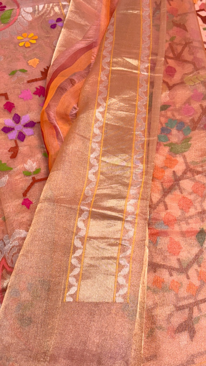 Rose Pink Pure Banarasi Tissue Handwoven Saree with Real Zari
