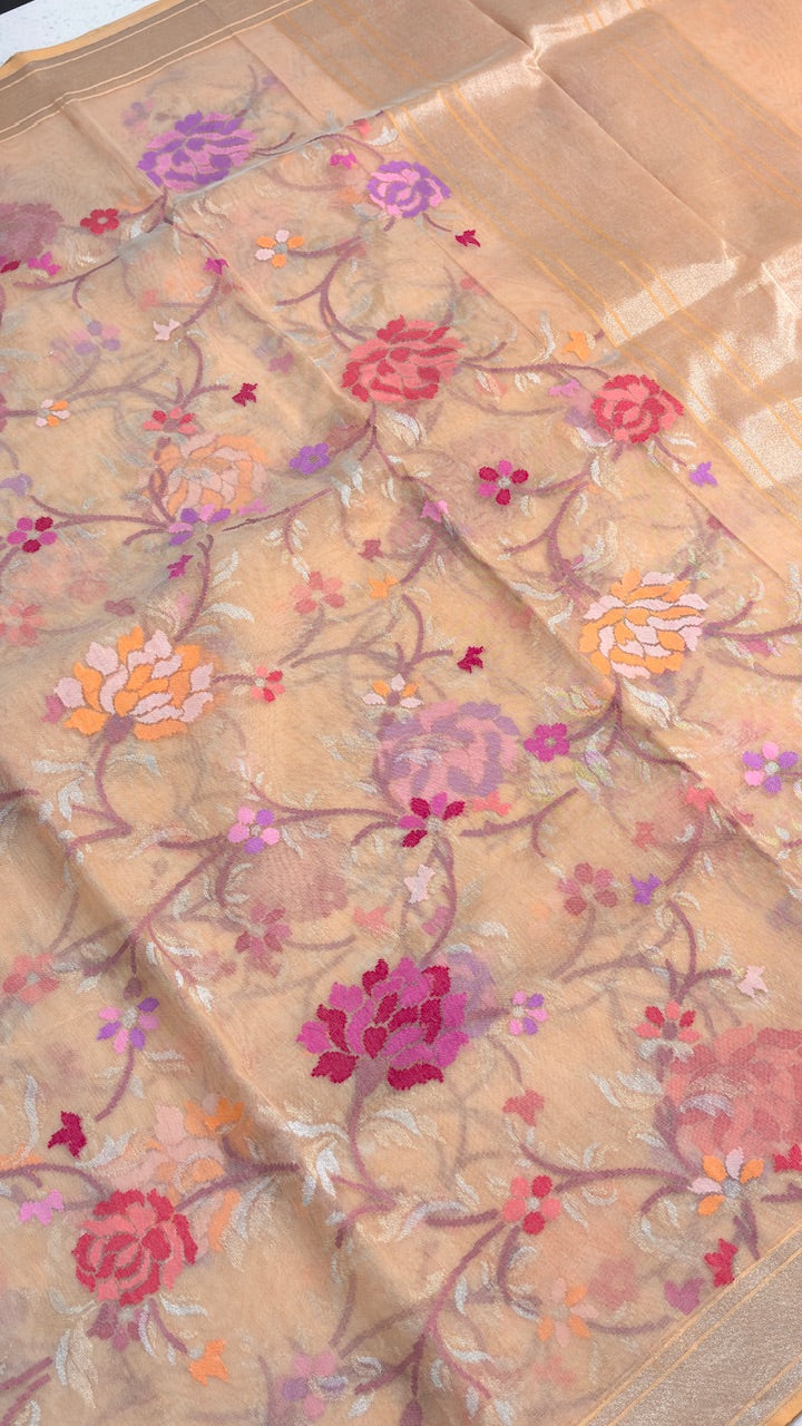 Rose Pink Pure Banarasi Tissue Handwoven Saree with Real Zari
