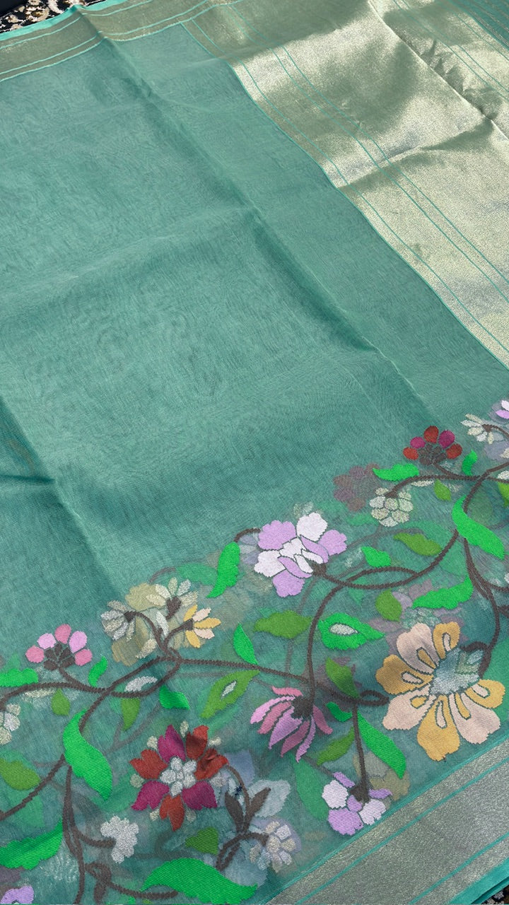 Teal Blue Pure Banarasi cotton organza Jamdani handloom Saree