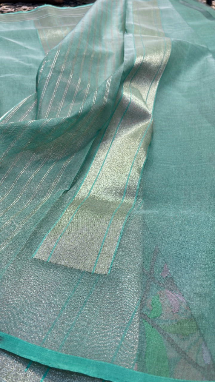 Teal Blue Pure Banarasi cotton organza Jamdani handloom Saree