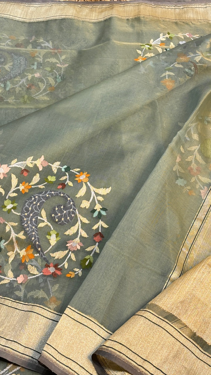 Sage Green Pure Banarasi Kora Jamdani Handwoven Saree with Real Zari