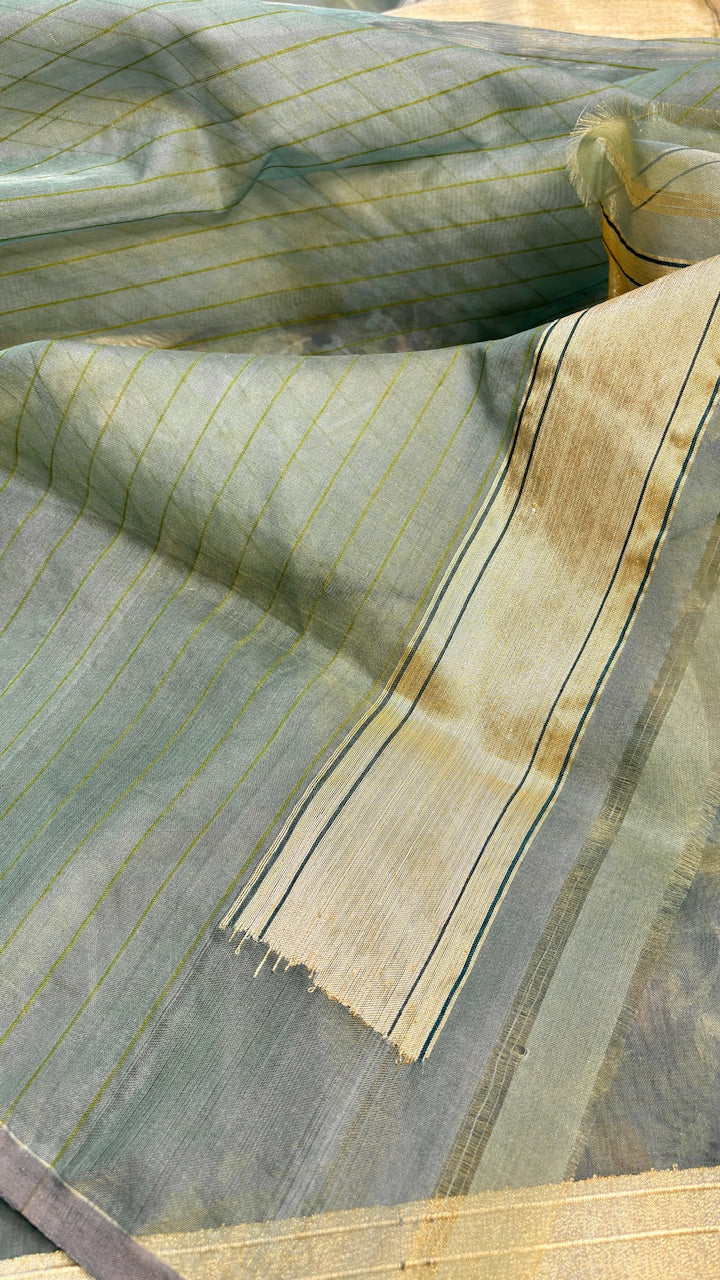 Sage Green Pure Banarasi Kora Jamdani Handwoven Saree with Real Zari