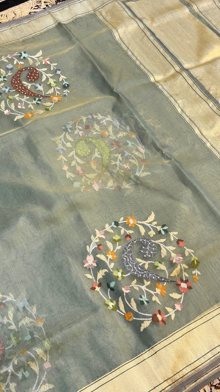 Sage Green Pure Banarasi Kora Jamdani Handwoven Saree with Real Zari