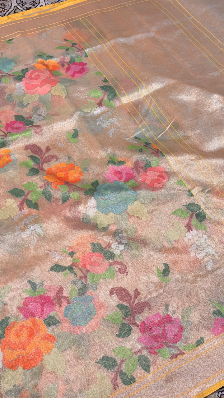 Real Gold Pure Banarasi Tissue Handwoven Saree with Silver Zari