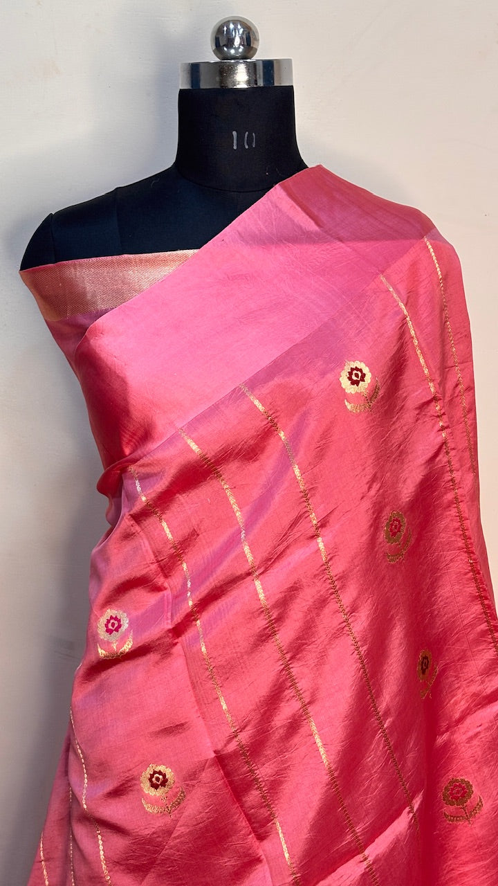 Pink Green Mango Banarasi Silk Handwoven Saree