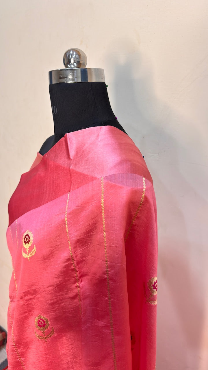 Pink Green Mango Banarasi Silk Handwoven Saree
