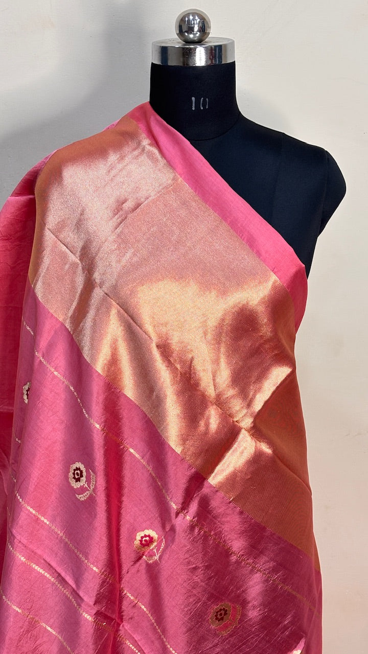 Pink Green Mango Banarasi Silk Handwoven Saree