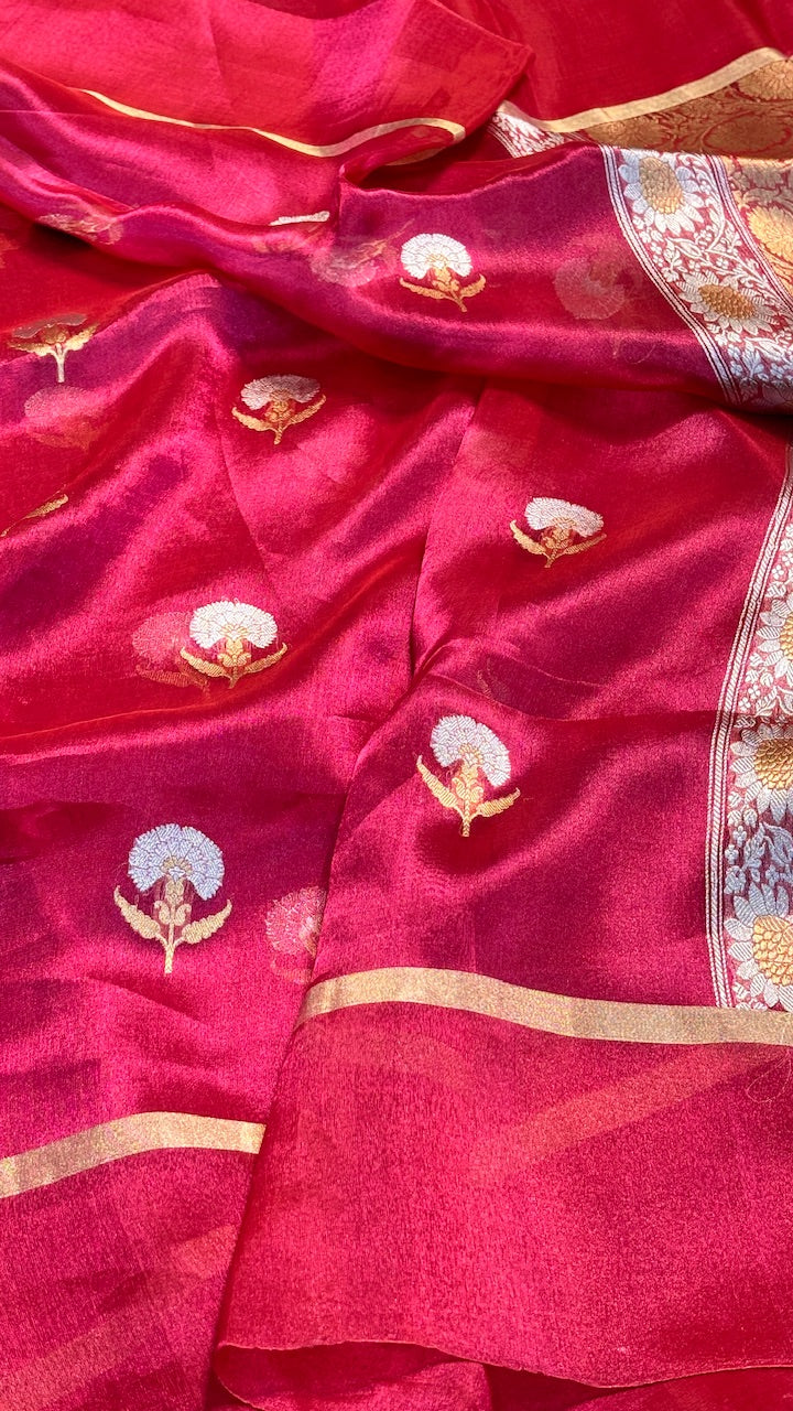 Redish Pink Silk Banarasi Handwoven Saree