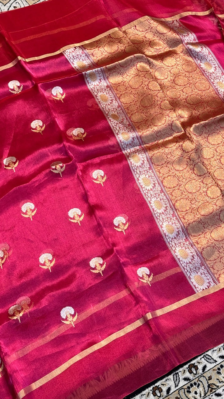 Redish Pink Silk Banarasi Handwoven Saree