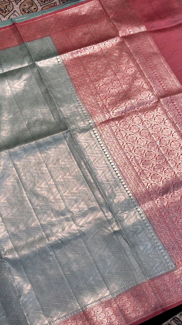 Ash Greay Tissue Brocade Silk Banarasi Handwoven Saree