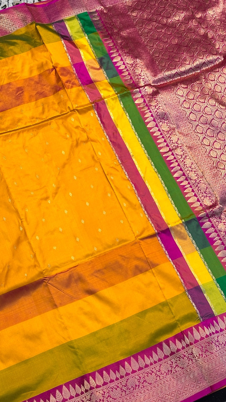 Musterd Yellow Mango Banarasi Katan Silk Handwoven Saree
