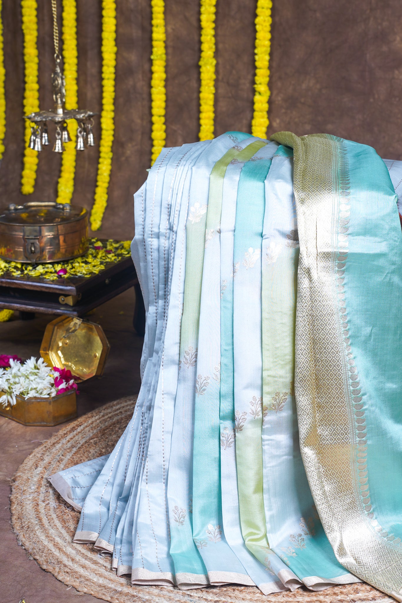 Pastel sky blue-mint green Handloom Pure Mango Katan Silk Saree