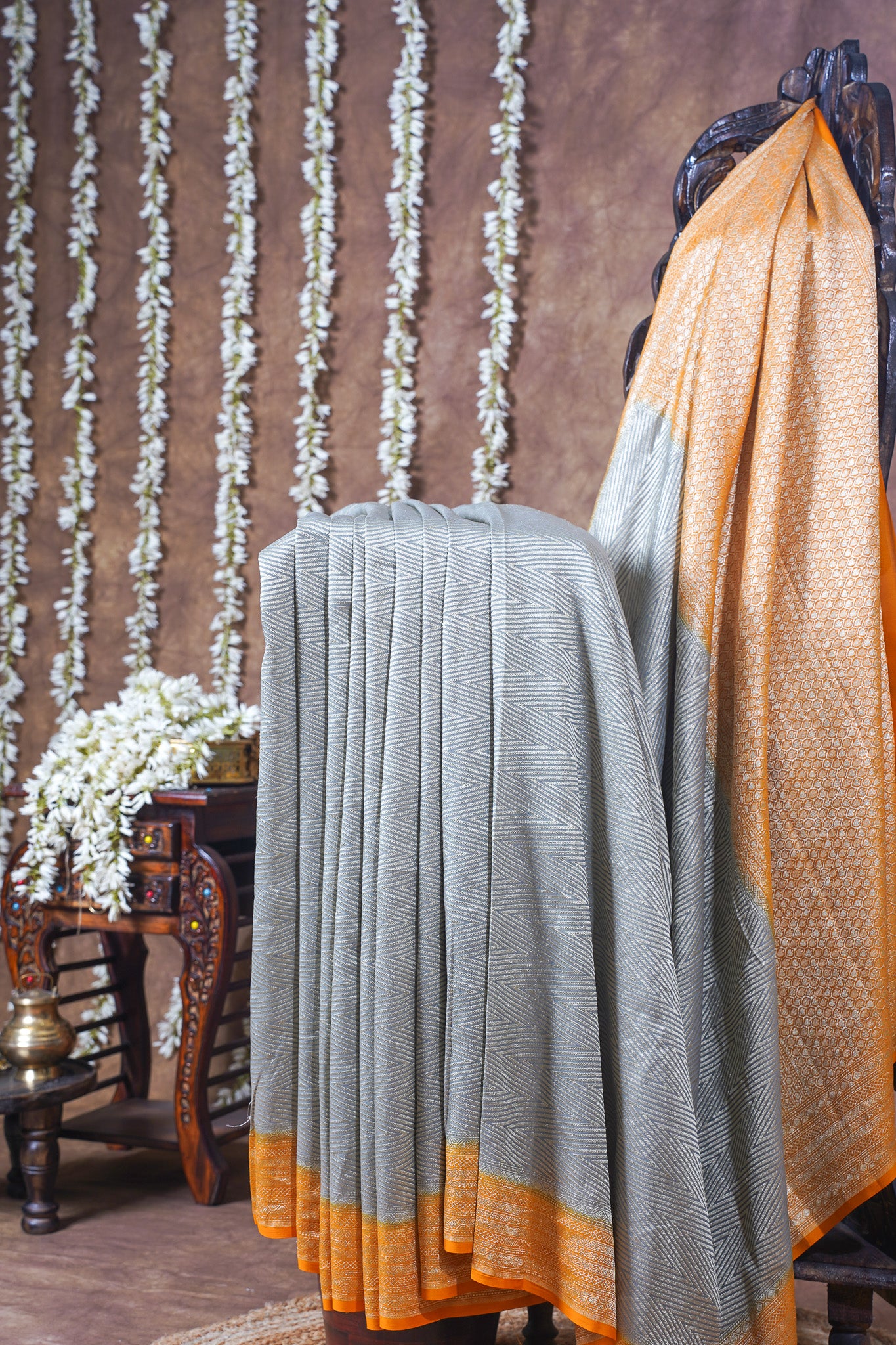 Grey & Mustard Pure Khaddi Georgette Brocade Banarasi Saree