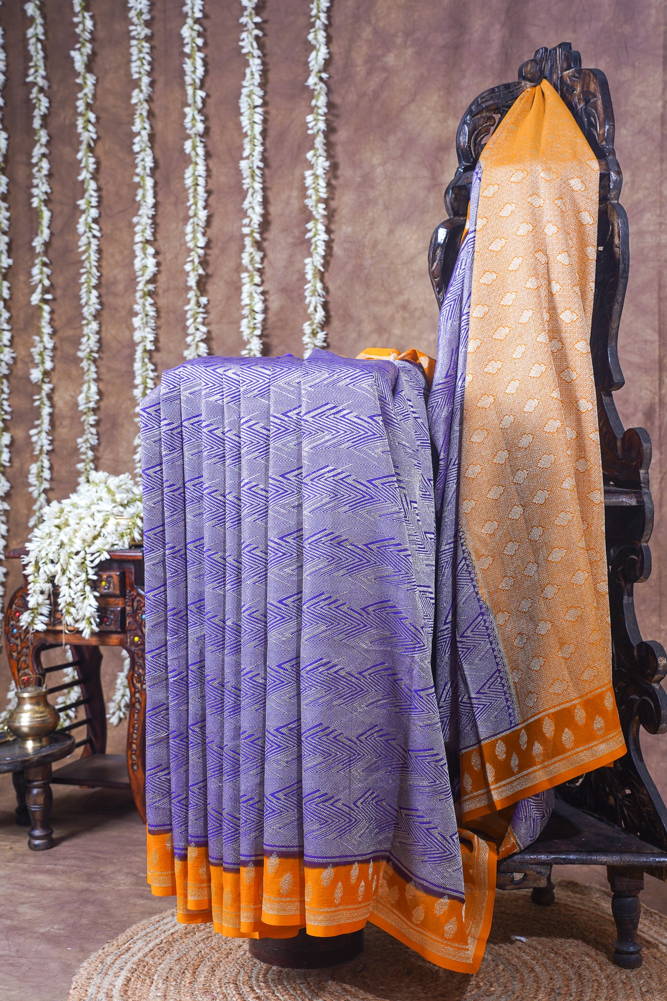 Lavender & Saffron Pure Khaddi Georgette Brocade Banarasi Saree