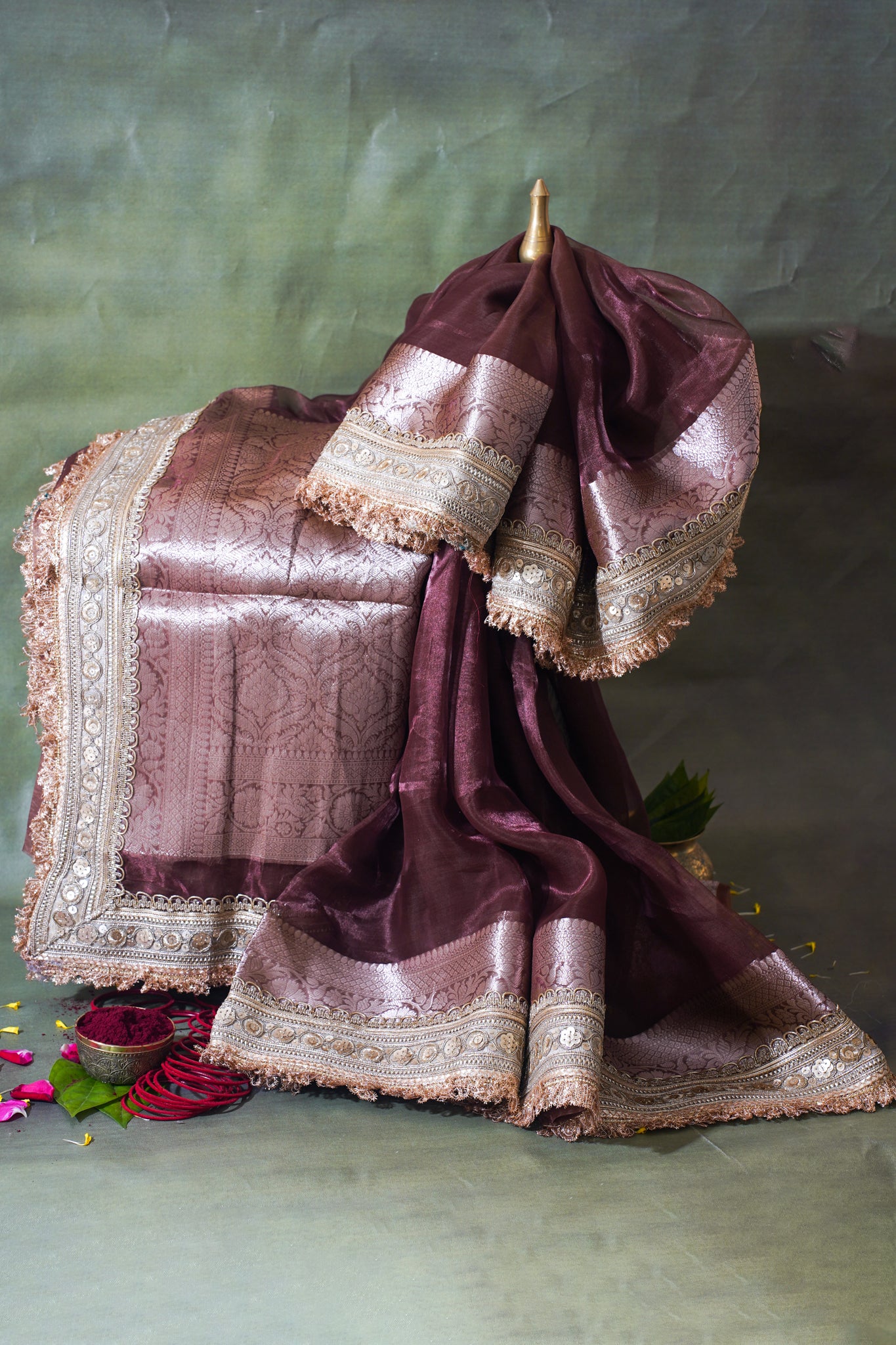 Dusty Mauve Banarasi Pure Tissue Silk Saree with Sequined Lace Border