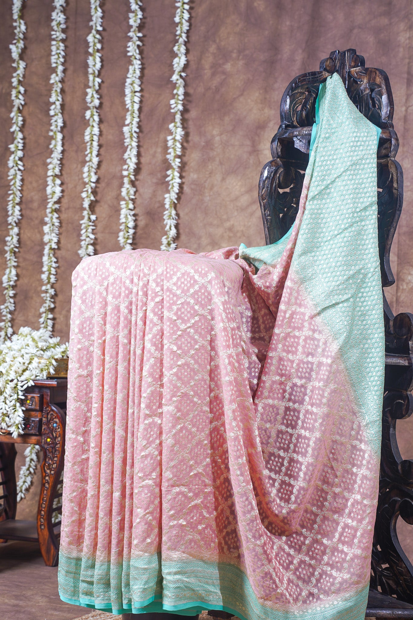 Pastel Pink Pure Khaddi Georgette Brocade Banarasi Saree