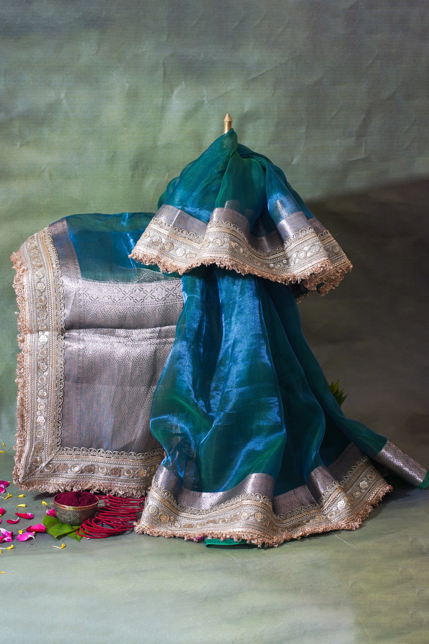 Sea Green Banarasi Pure Tissue Silk Saree with Sequined Lace Border