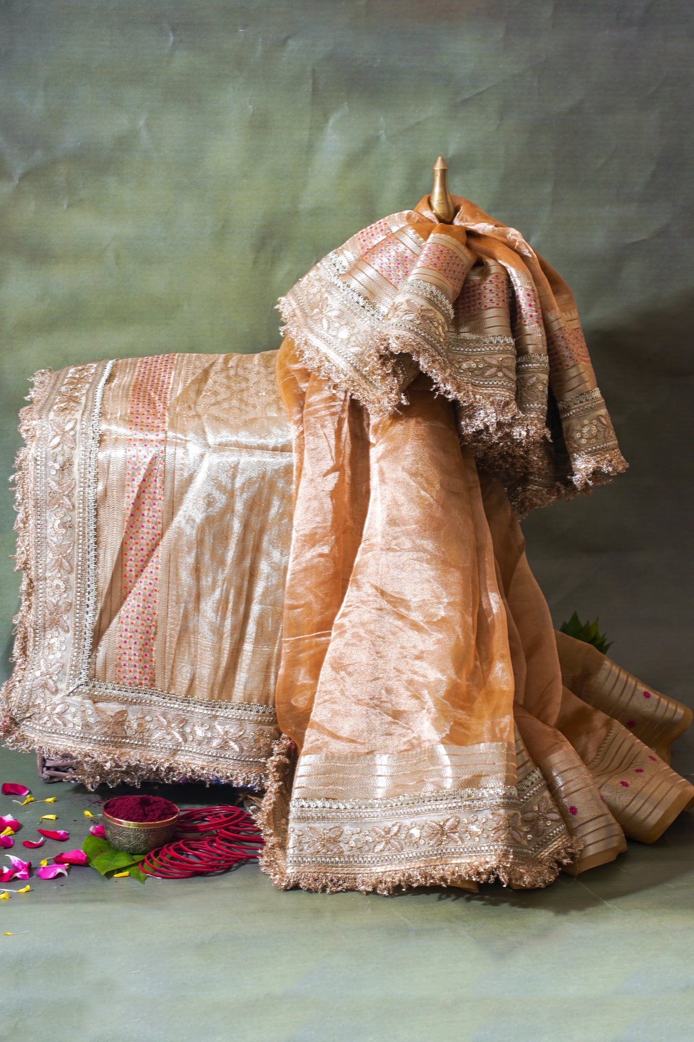 Champagne Gold Pure Tissue Silk Banarasi Saree with Lace Border