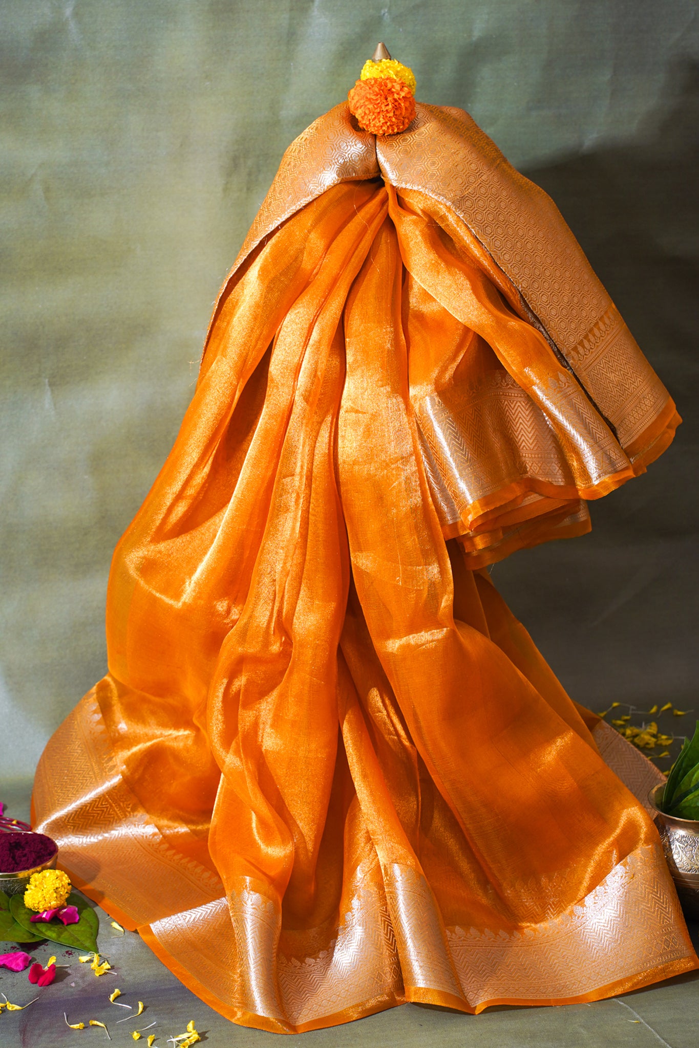 Orange Banarasi Pure Tissue Silk Saree