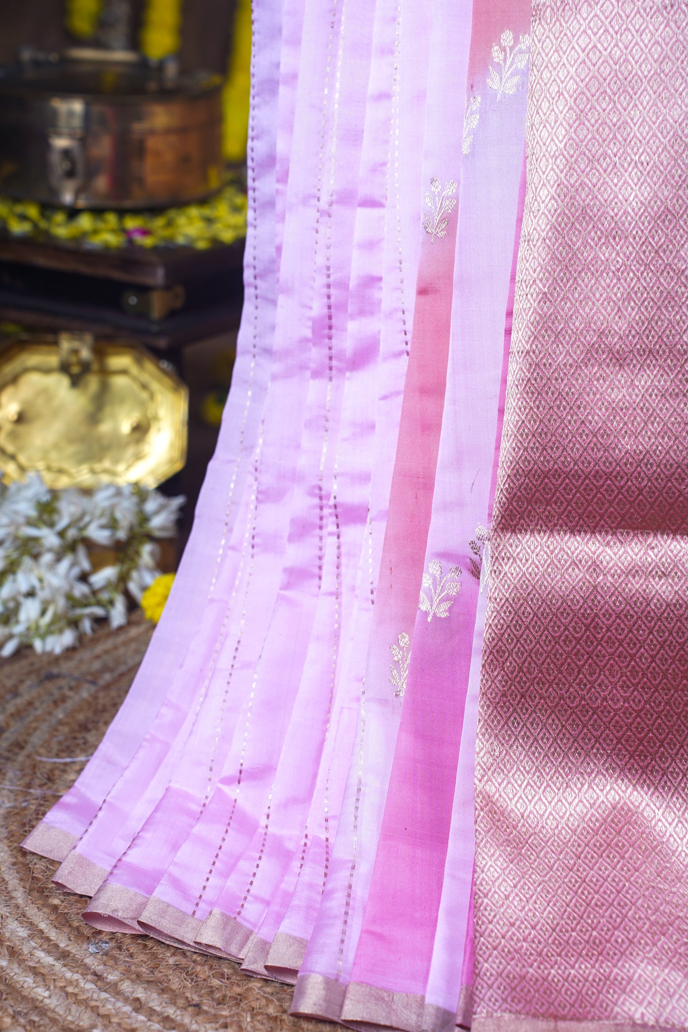 Soft Pink and Ivory Handloom Pure Mango Katan Silk Saree