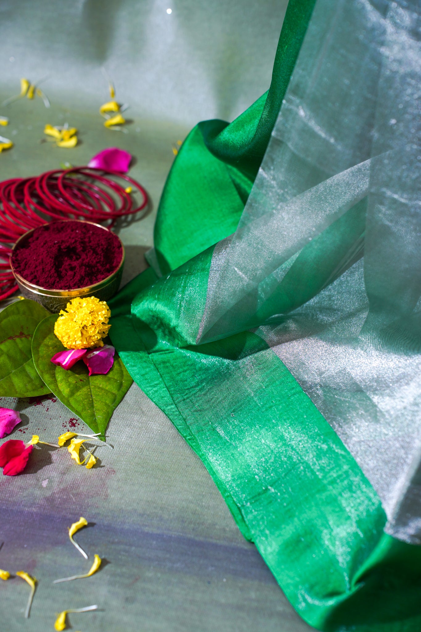 Emerald Green Banarasi Tissue Saree with Satin Border
