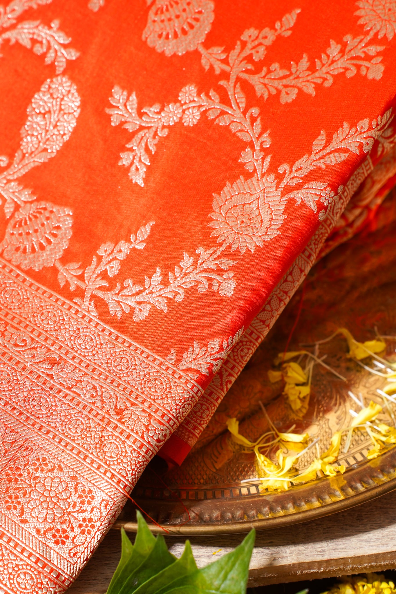Orange Banarasi Pure Katan Silk Jaal Saree