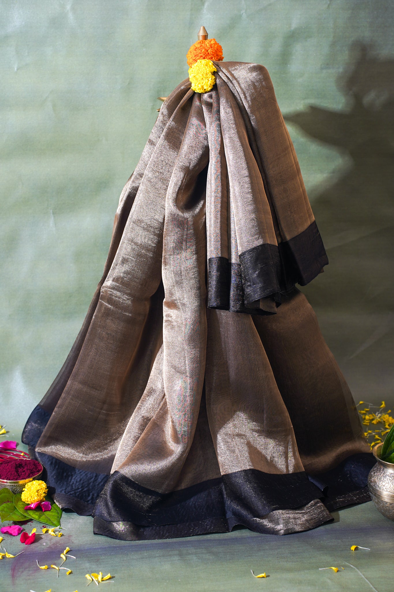 Charcoal Silver Banarasi Tissue Saree with Navy Satin Border