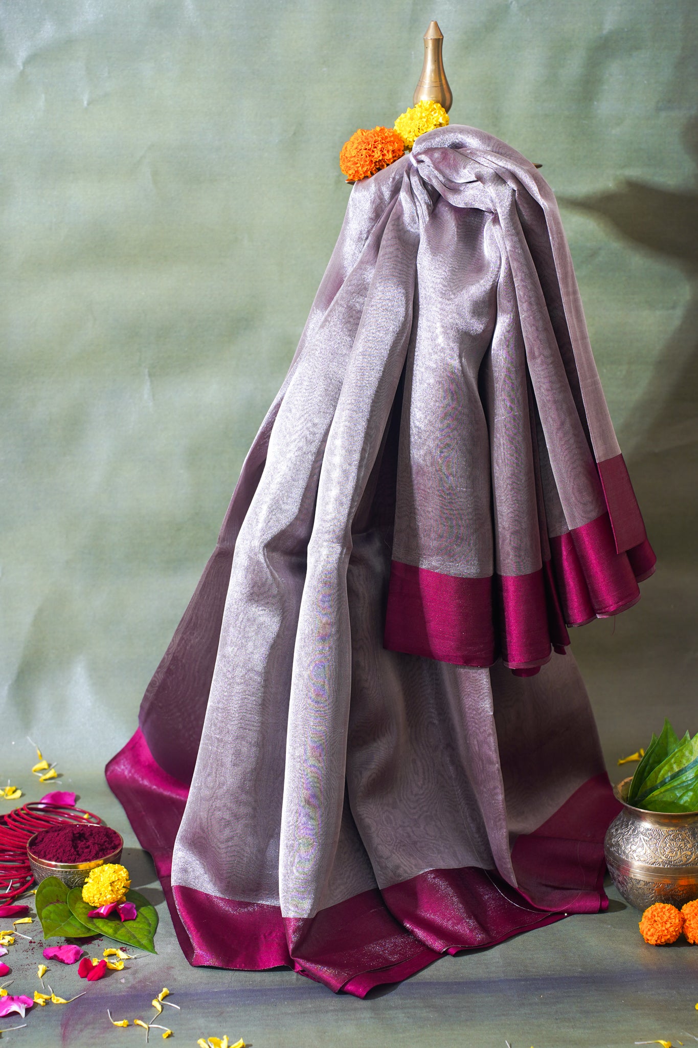 Magenta Silver Banarasi Tissue Saree with Satin Border