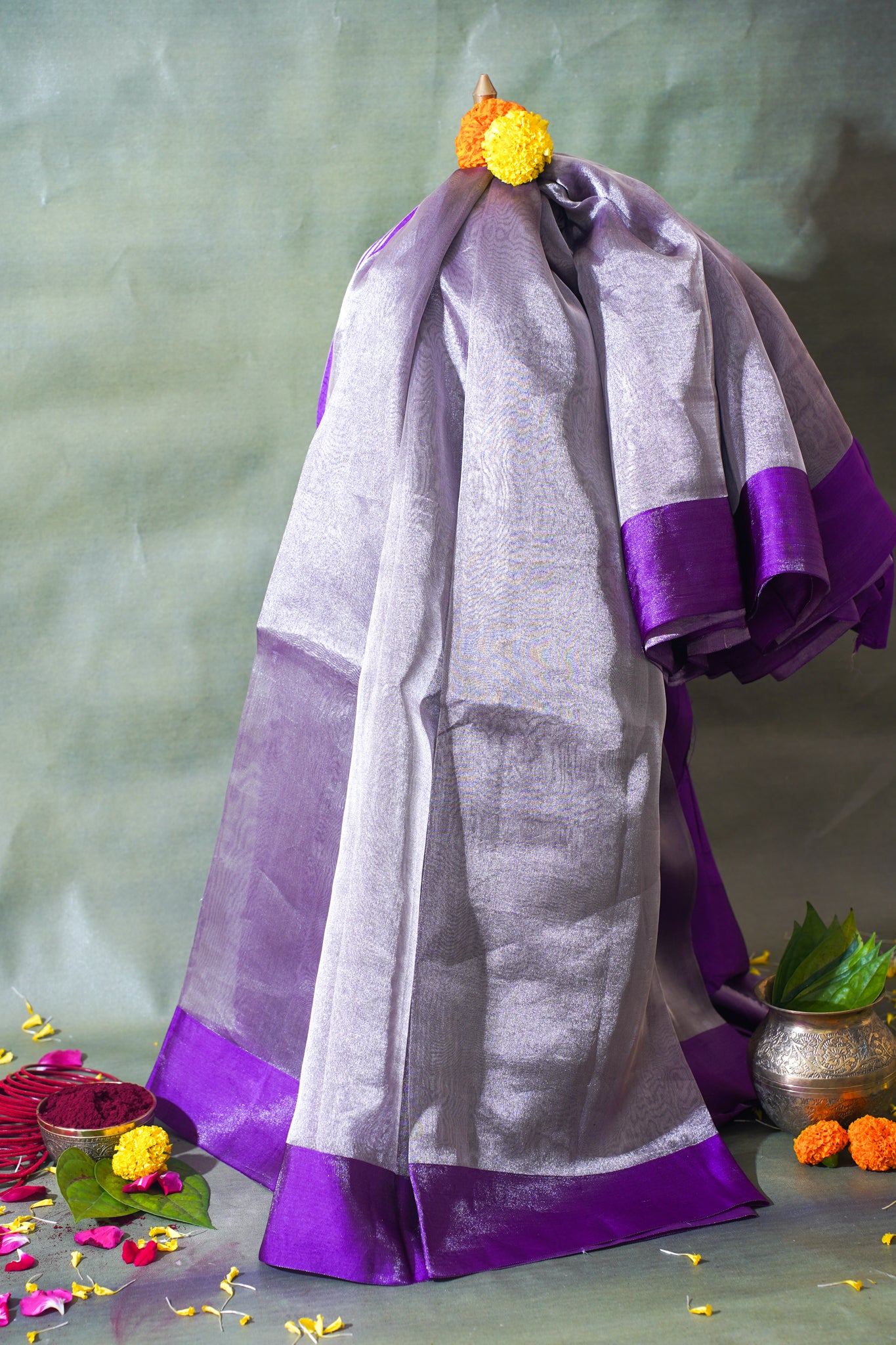 Lavender Silver Banarasi Tissue Saree with Satin Border