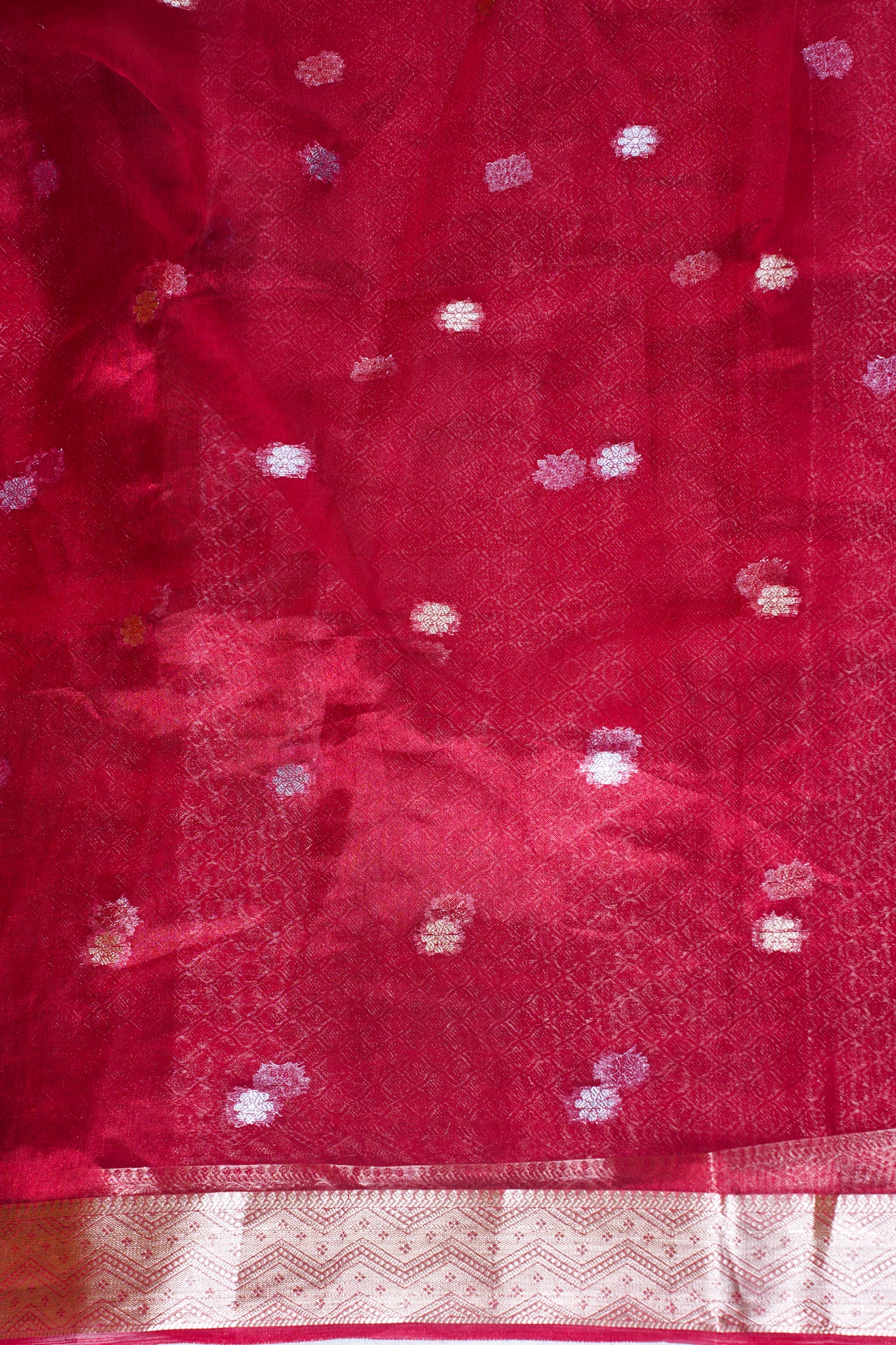 Crimson Red Banarasi Pure Tissue Silk Saree with Silver Buti Weave