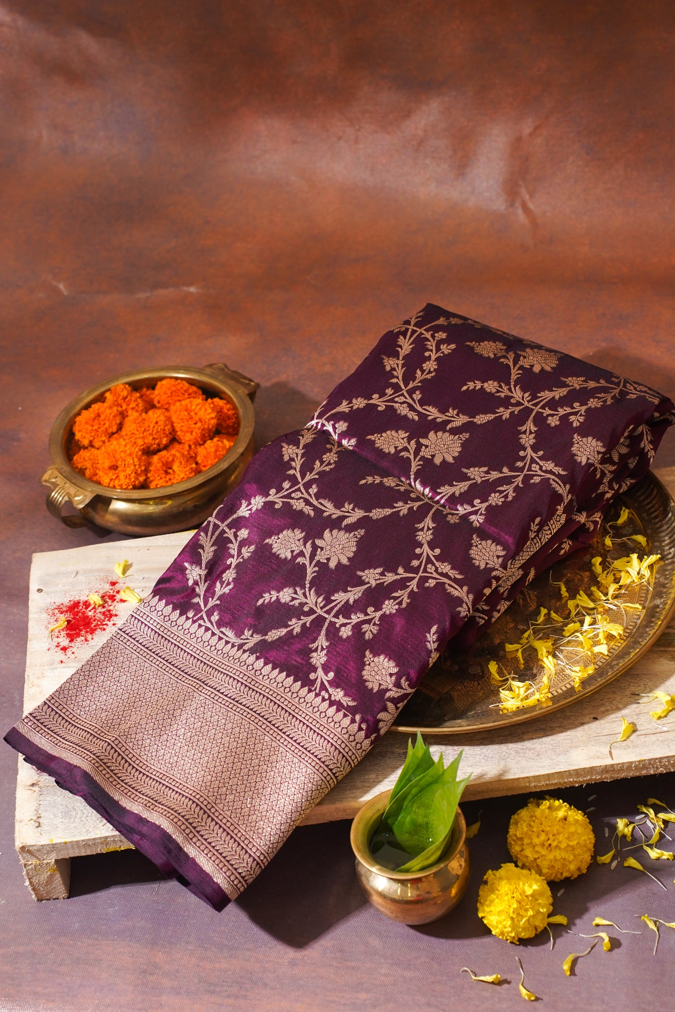 Wine Banarasi Pure Katan Silk Jaal Saree