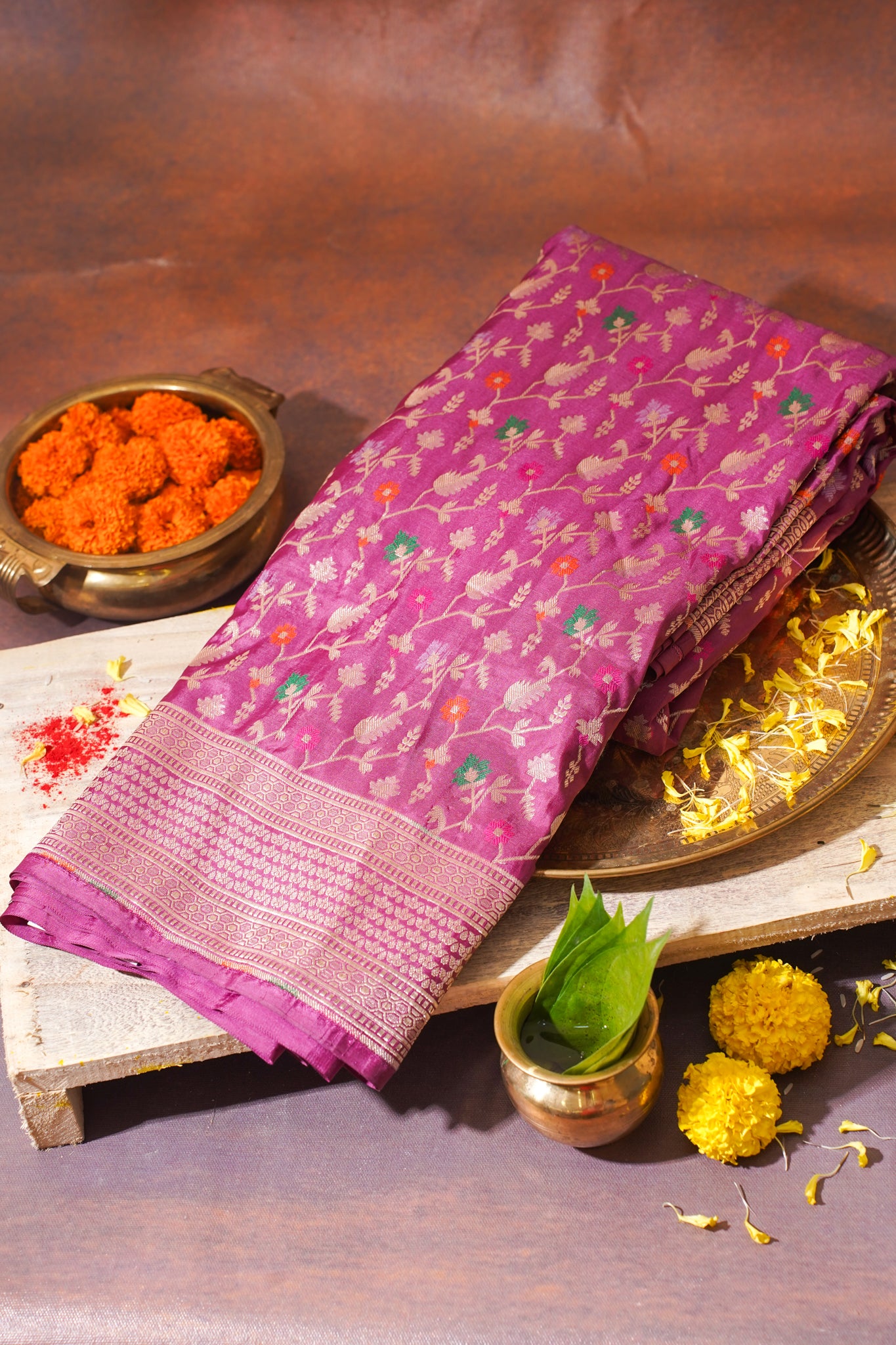 Magenta Pink Banarasi Pure Katan Silk Minakari Jaal Saree