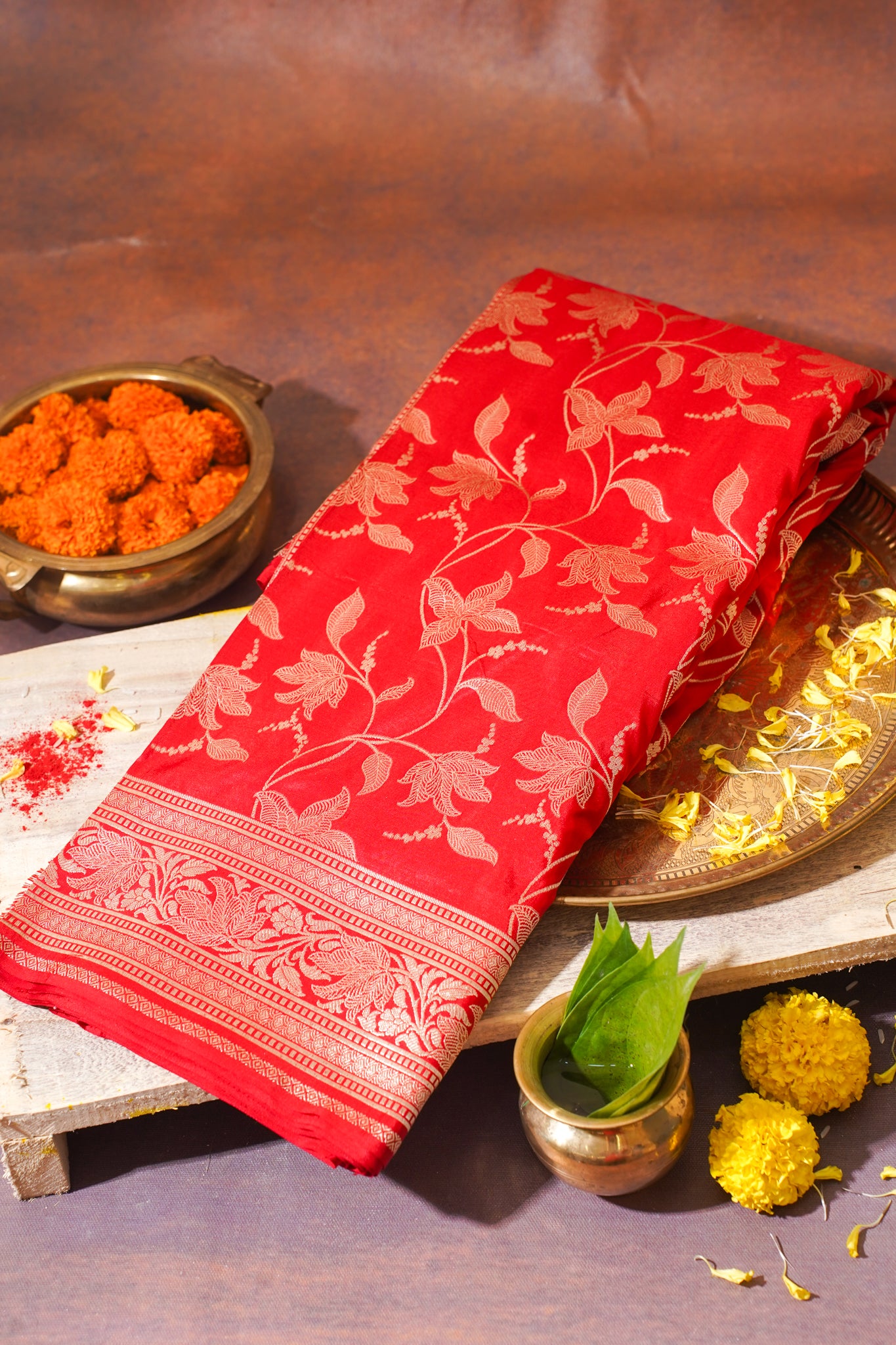 Red Banarasi Pure Katan Silk Jaal Saree