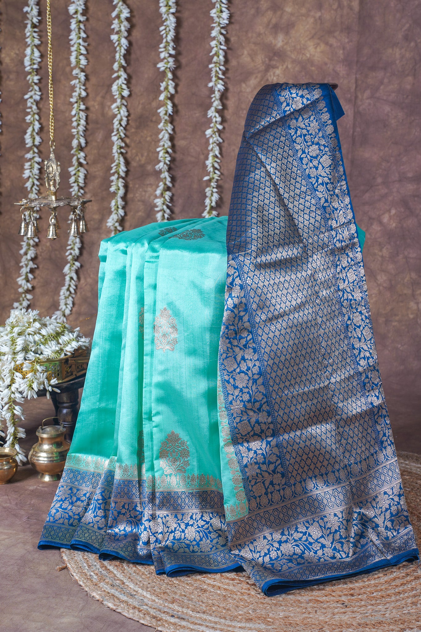 Aqua Blue Handloom Pure Silk Banarasi Saree