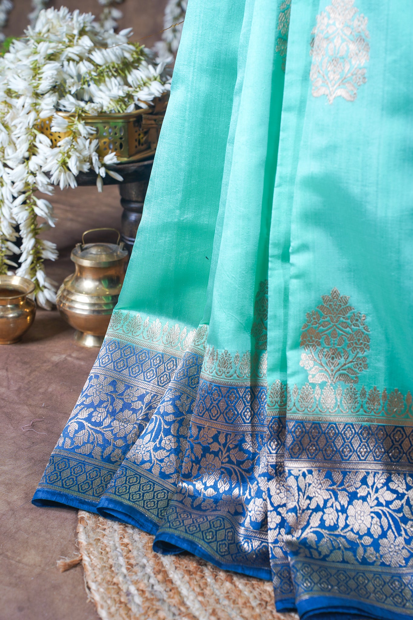 Aqua Blue Handloom Pure Silk Banarasi Saree