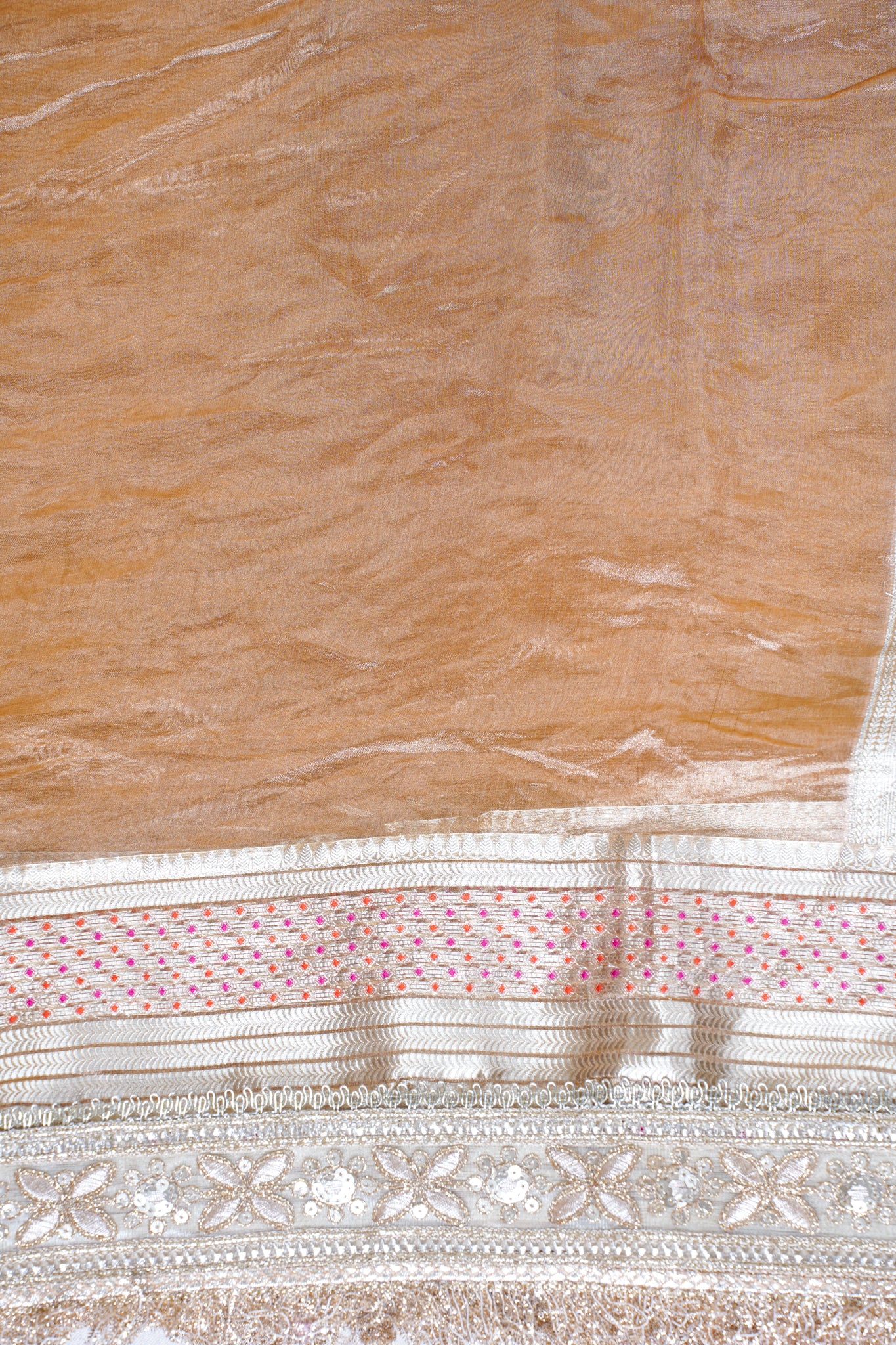 Champagne Gold Pure Tissue Silk Banarasi Saree with Lace Border