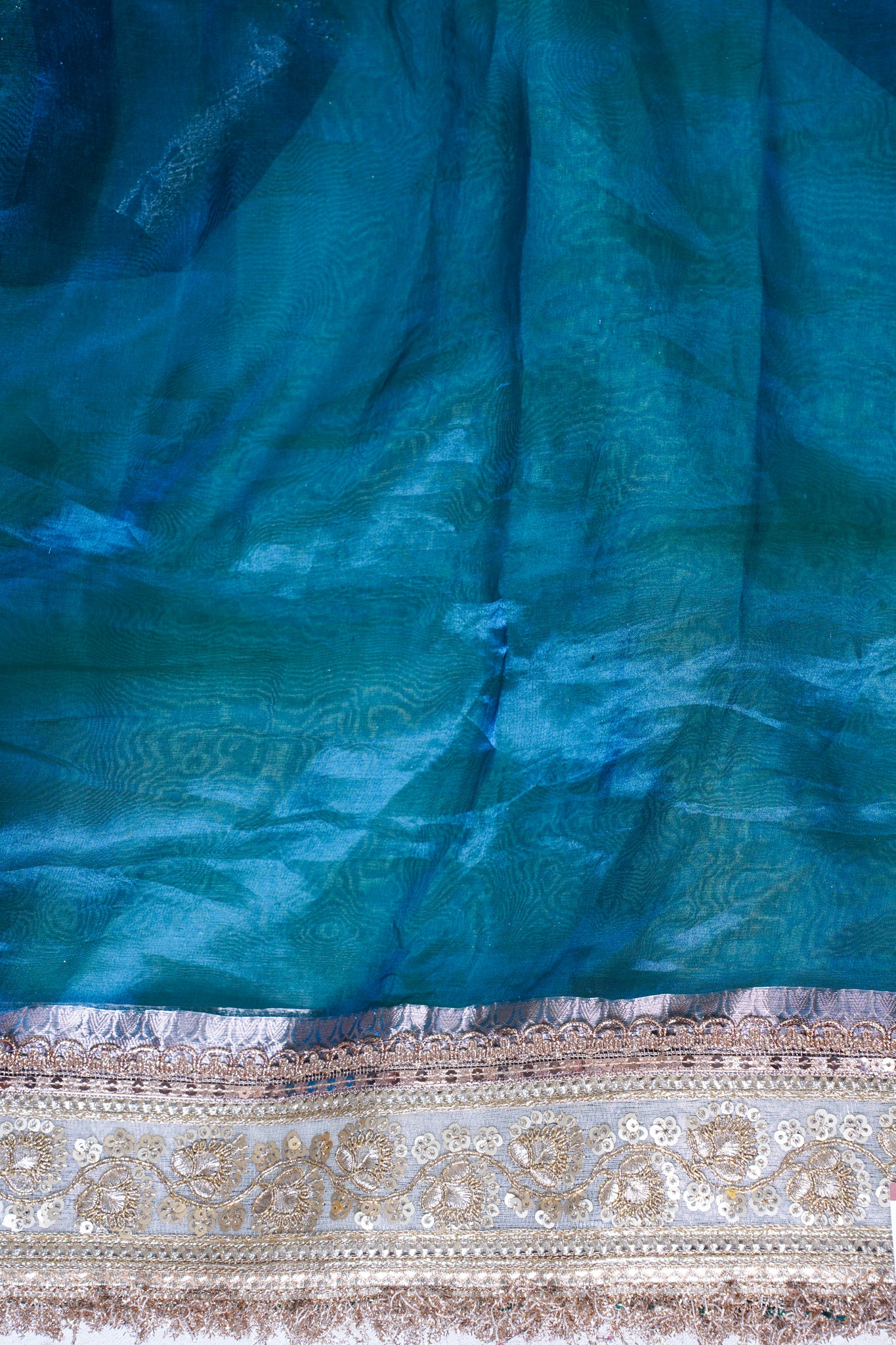 Teal Green Banarasi Pure Tissue Silk Saree with Sequined Lace Border