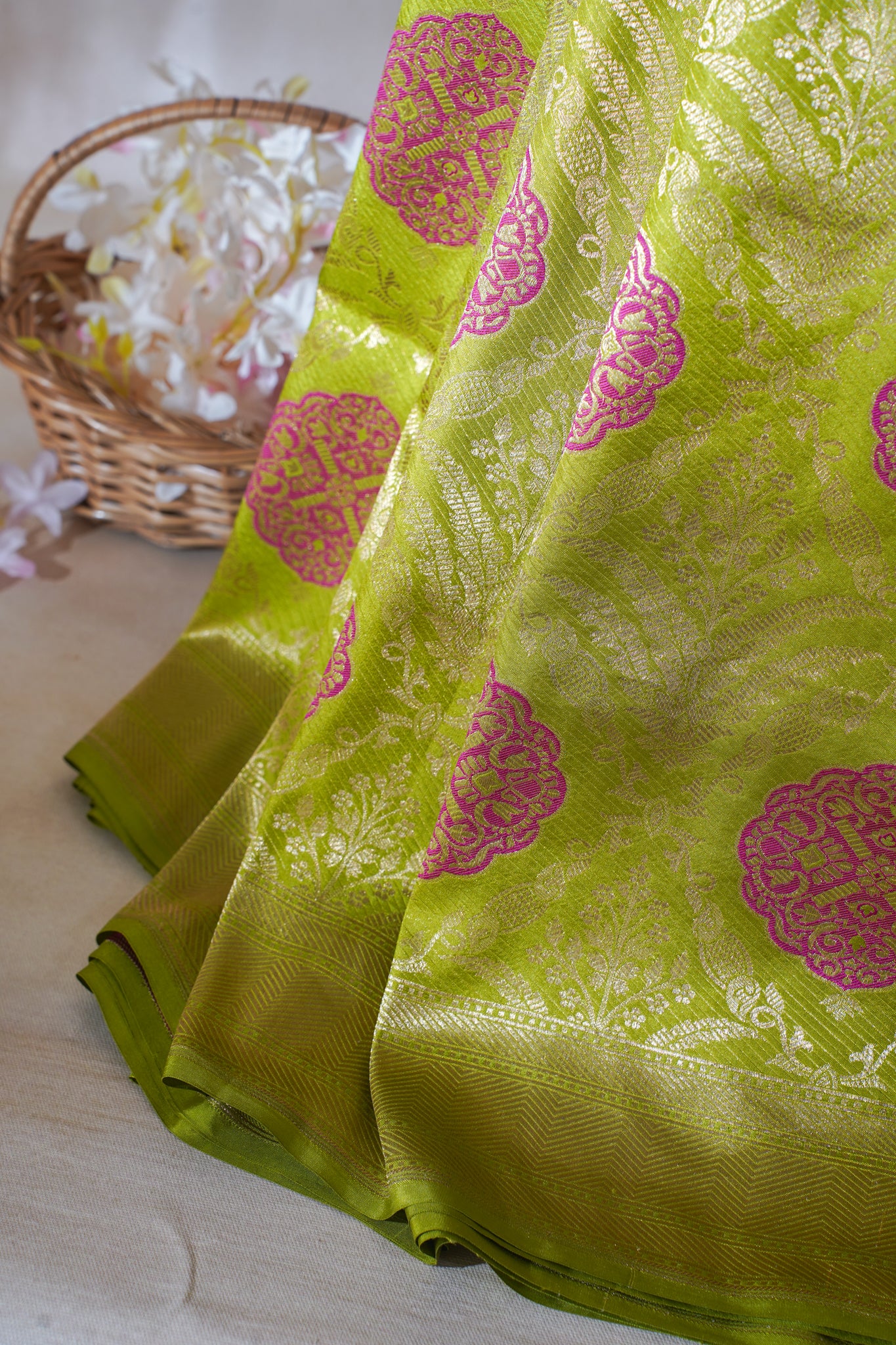 Parrot Green Pure Brocade Minakaari Saree
