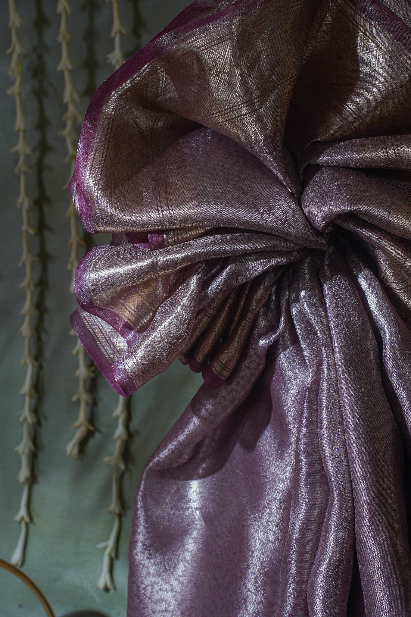 Pure Tissue Molten Gold Handwoven Saree with Plum Border & Pallu