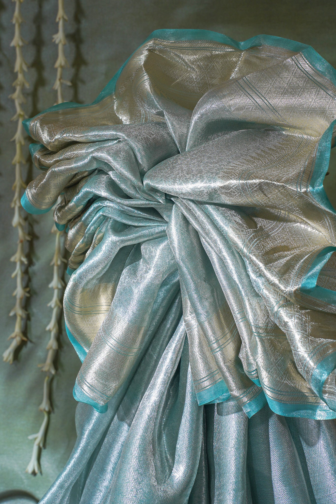 Pure Tissue Molten Gold Handwoven Saree with Aqua Border & Pallu