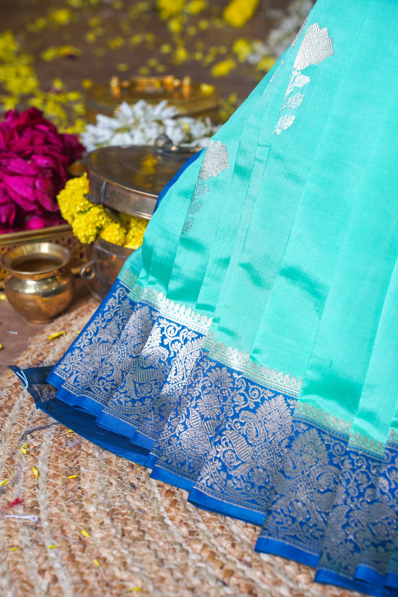 Aqua Mint Green Handloom Pure Mango Katan Silk Saree