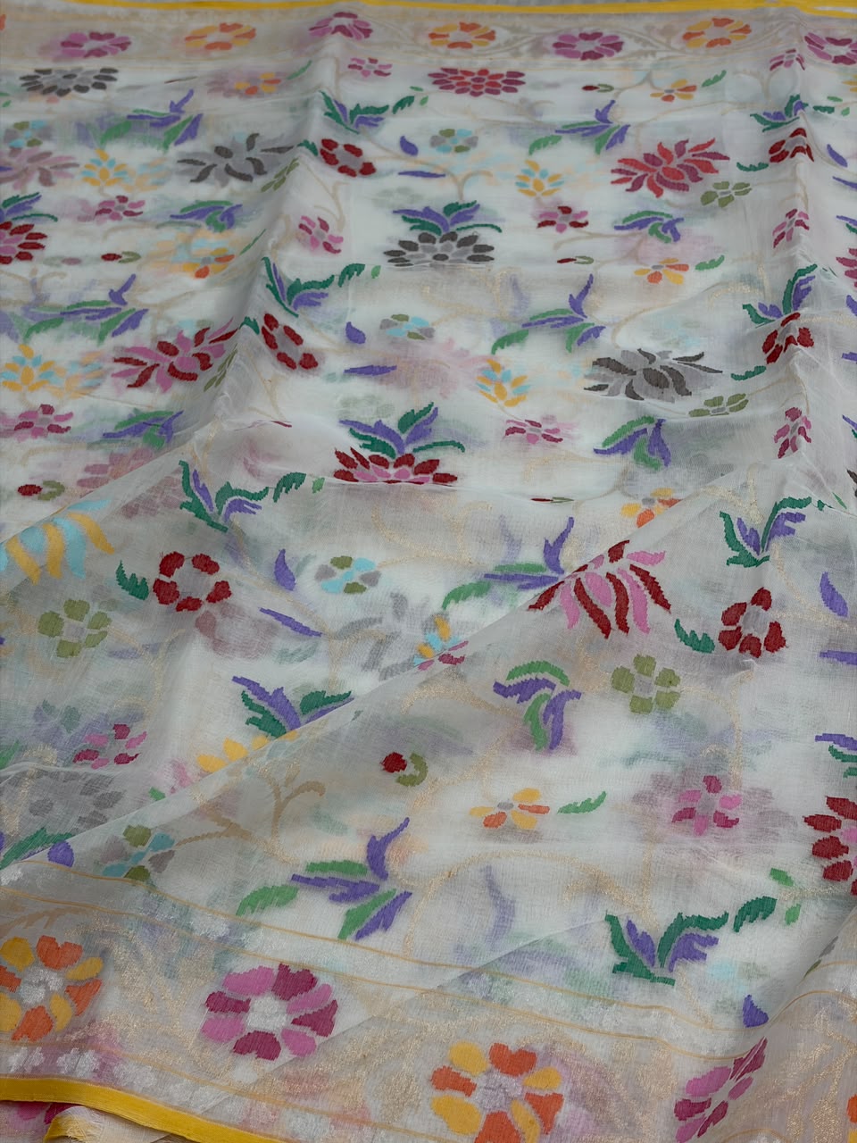 Ivory Handwoven Real Zari Cotton Jamdani Saree
