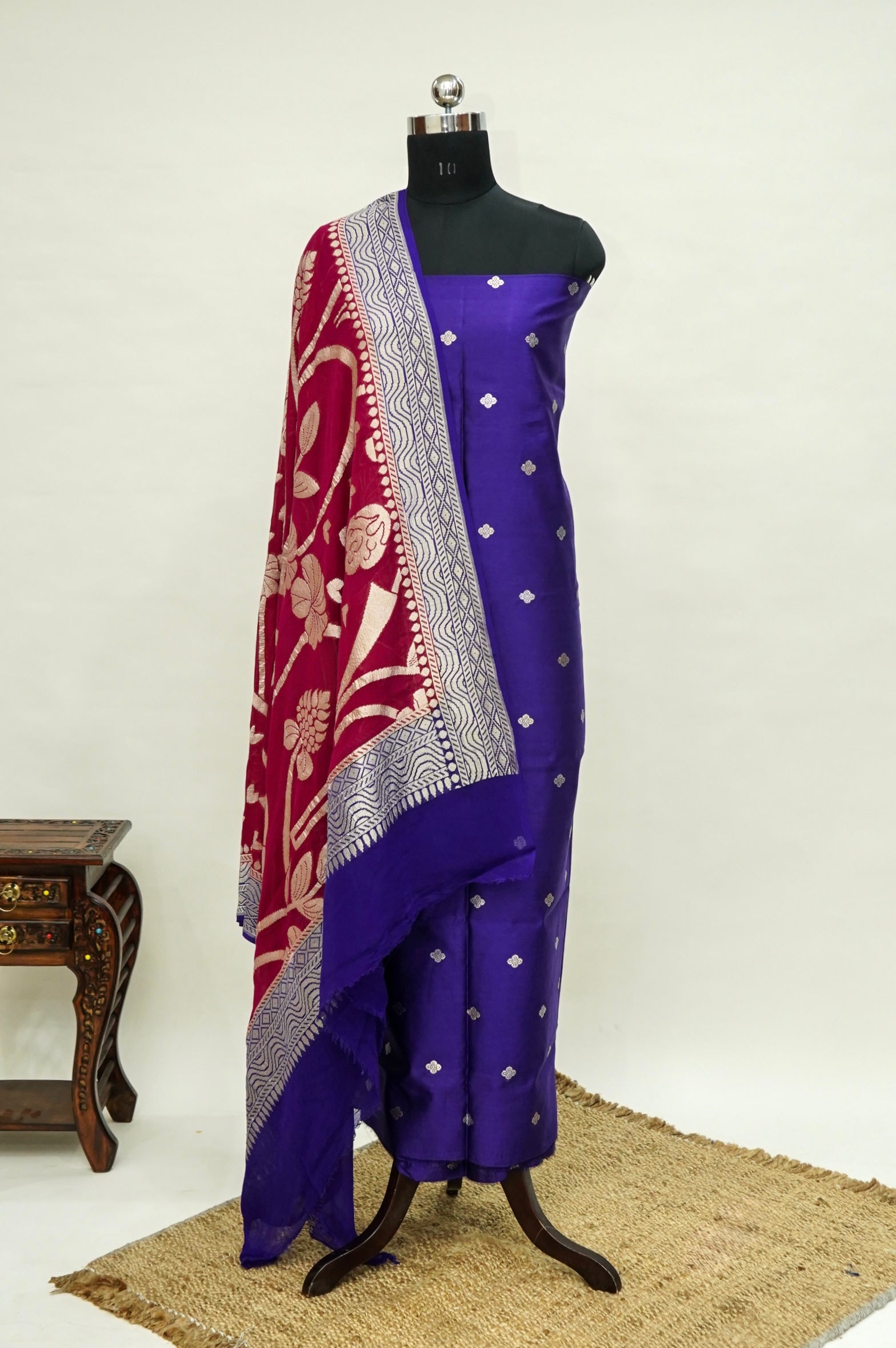Purple Handwoven Banarasi Pure Katan Silk Suit with Red Dupatta
