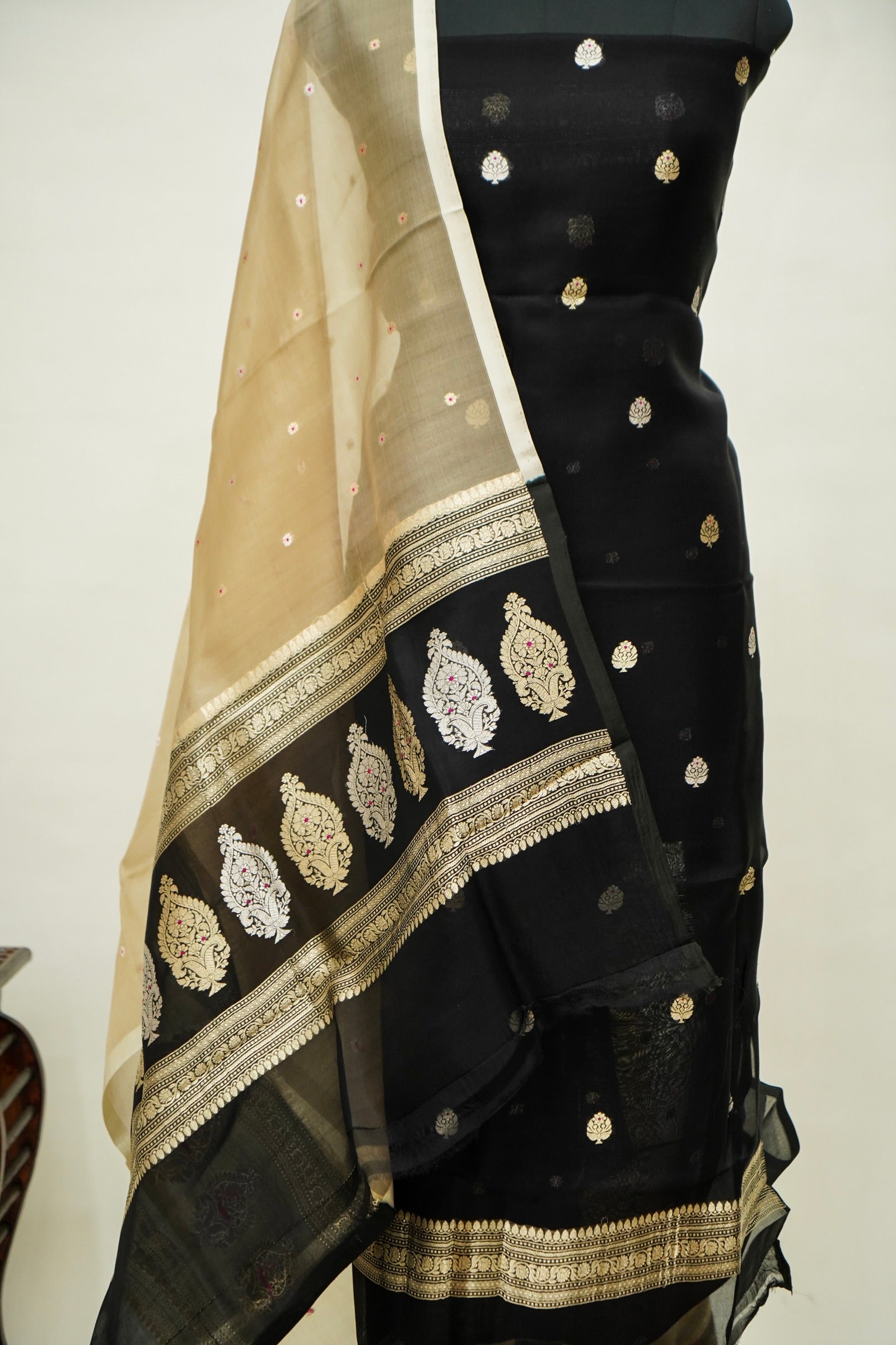 Black Handwoven Organza Suit with Beige Dupatta