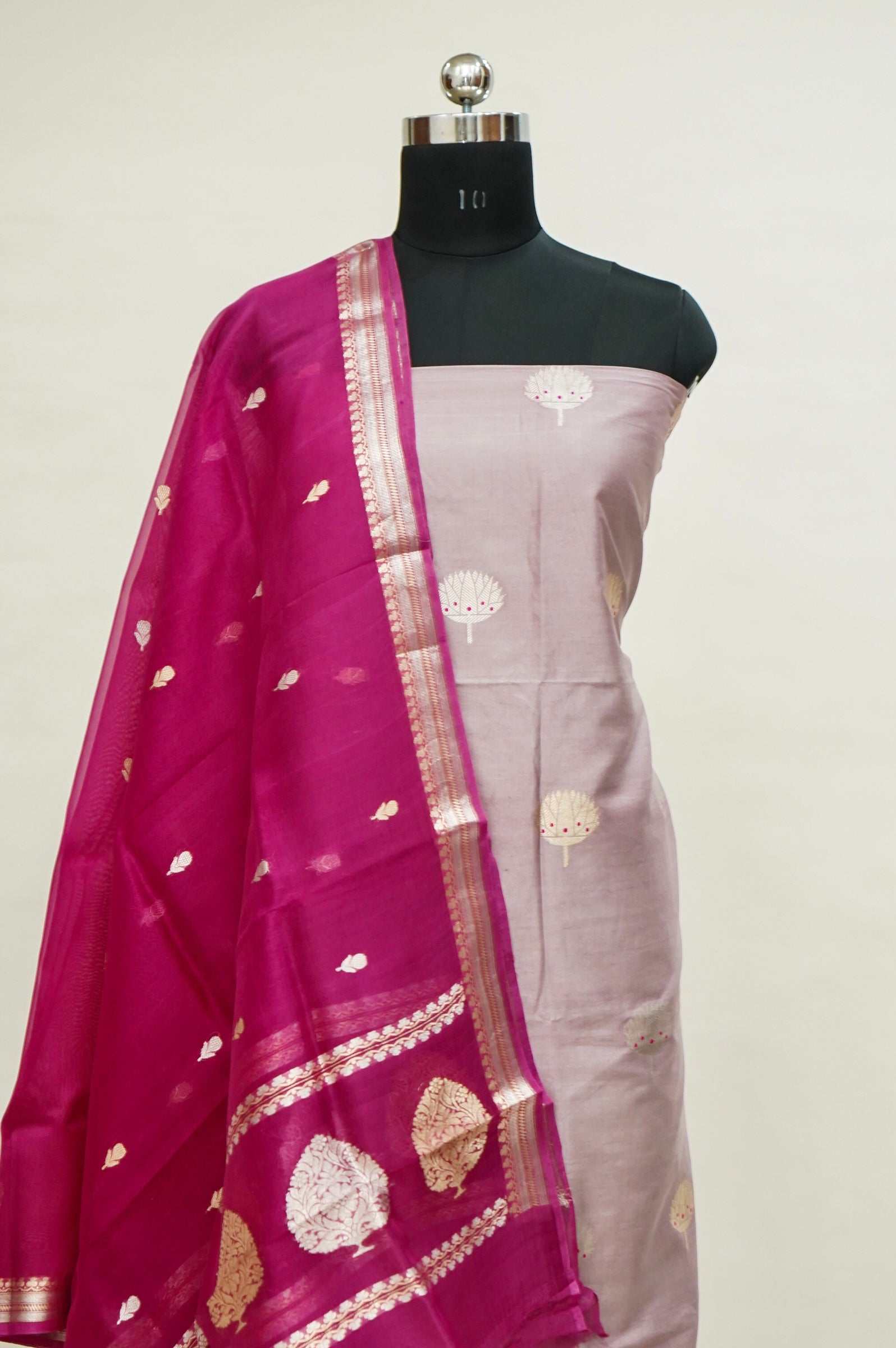 Pastel Handwoven Banarasi Pure Katan Silk Meenakari Suit with Rani Pink Dupatta