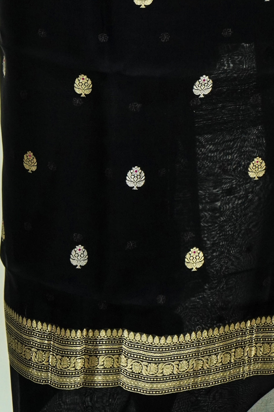 Black Handwoven Organza Suit with Beige Dupatta