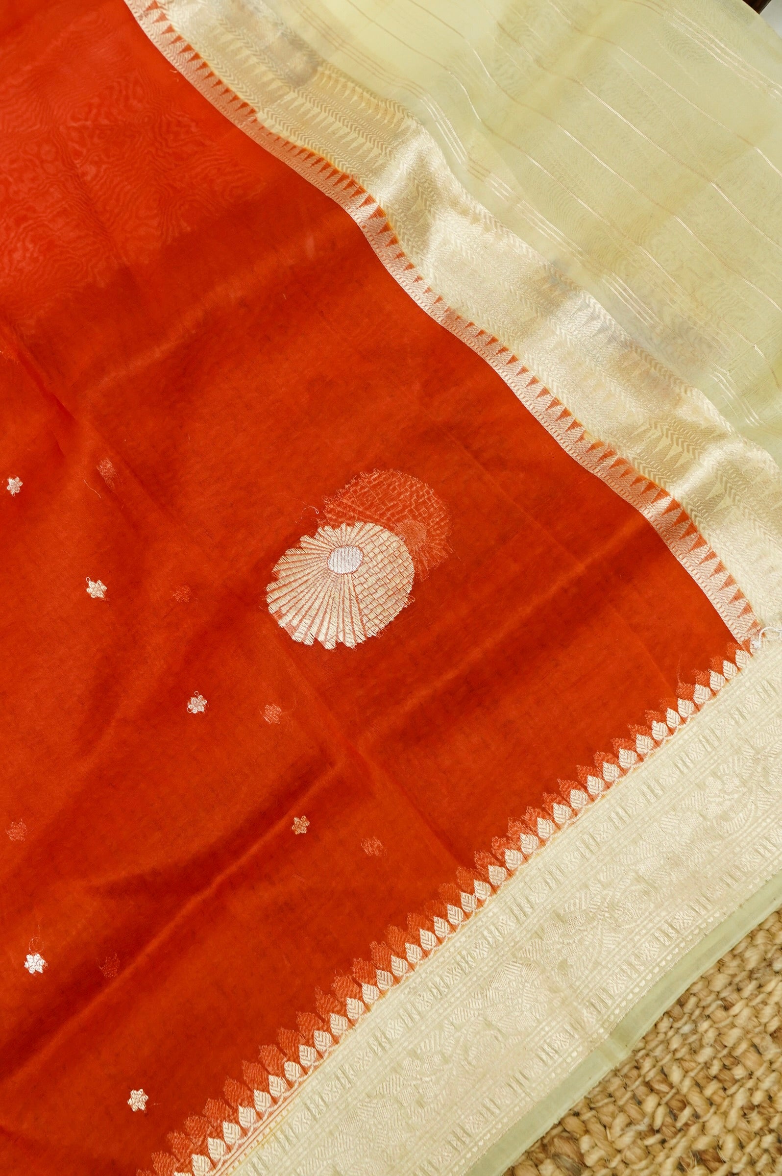Pastel Yellow Handwoven Banarasi Pure Katan Silk Suit with Rust Orange dupatta