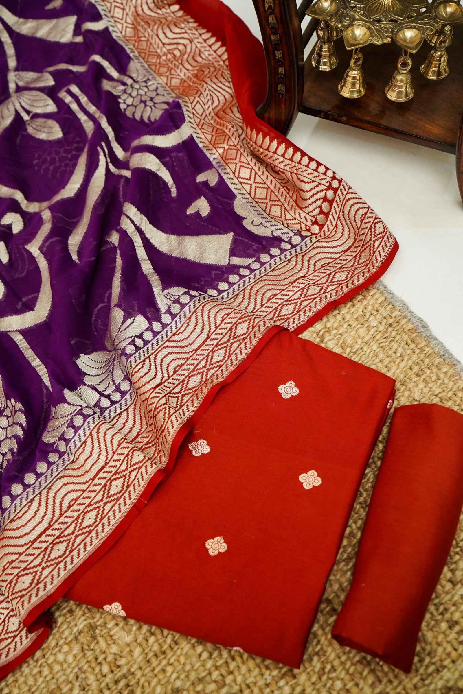 Red Handwoven Banarasi Pure Katan Silk Suit with Purple Dupatta